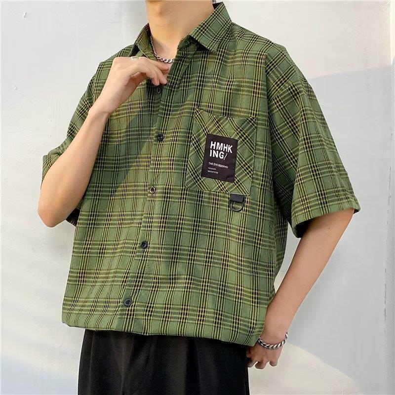 Japanese Plaid Short-Sleeved Shirt Boyfriend Summer Korean Style Trendy Loose Couple Shirt Hong Kong Style Lapel Casual Jacket - Image 5