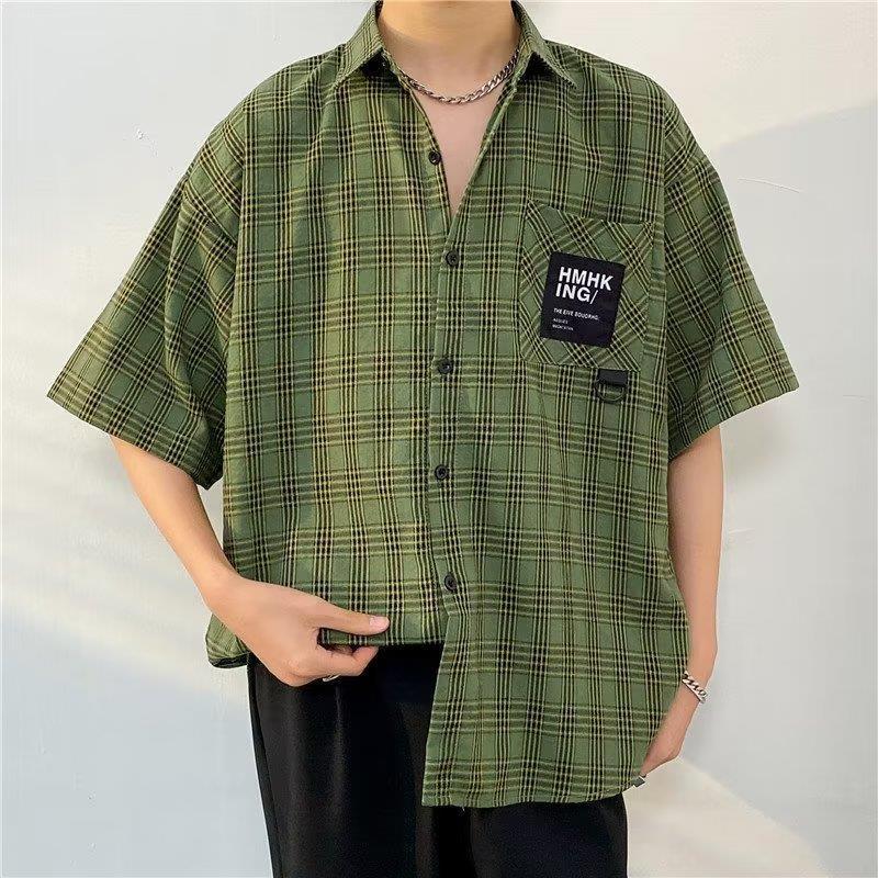 Japanese Plaid Short-Sleeved Shirt Boyfriend Summer Korean Style Trendy Loose Couple Shirt Hong Kong Style Lapel Casual Jacket - Image 1