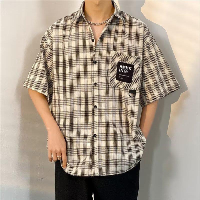 Japanese Plaid Short-Sleeved Shirt Boyfriend Summer Korean Style Trendy Loose Couple Shirt Hong Kong Style Lapel Casual Jacket - Image 2