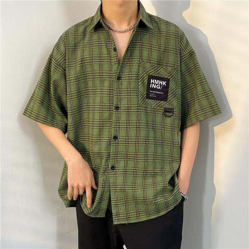 Japanese Plaid Short-Sleeved Shirt Boyfriend Summer Korean Style Trendy Loose Couple Shirt Hong Kong Style Lapel Casual Jacket - Image 4