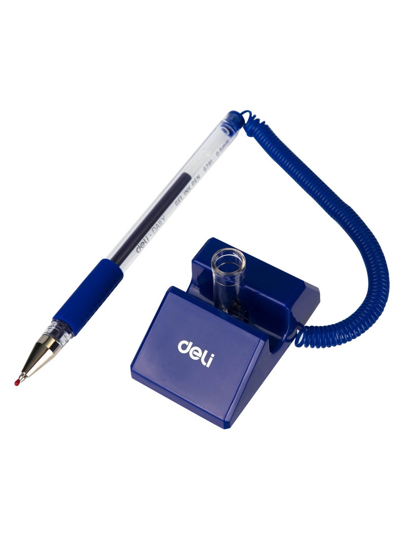 Deli E6791-BL Desk Pen with Stand – Adhesive Base, 180° Rotatable, Soft Grip, Tethered Ballpoint Pen for Office, Reception & Counter Use, Blue, 1 piece. - Image 4
