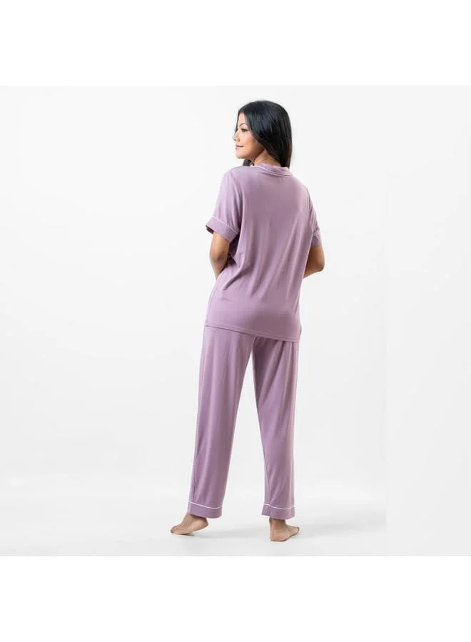 Aadaraya Aadaraya Solid Short Sleeves Shirt and Elasticated Pyjama Set