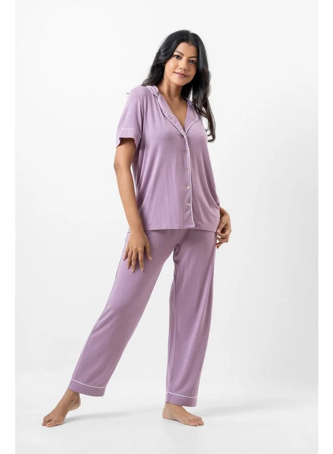 Aadaraya Aadaraya Solid Short Sleeves Shirt and Elasticated Pyjama Set