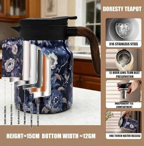 Bluexbear Vintage Floral Pattern Tea pot with infuser, Tea pot with infusers for loose tea, Stainless Steel Thermal Carafe with Lid for Hot Drinks(Green, Wooden handle) - Image 3