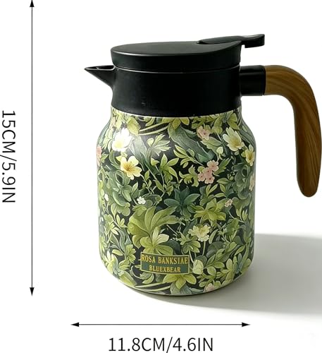 Bluexbear Vintage Floral Pattern Tea pot with infuser, Tea pot with infusers for loose tea, Stainless Steel Thermal Carafe with Lid for Hot Drinks(Green, Wooden handle) - Image 5