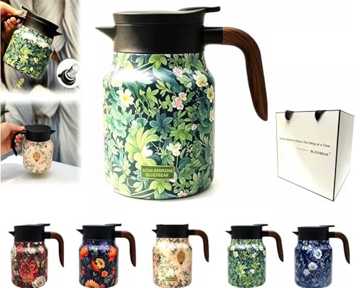 Bluexbear Vintage Floral Pattern Tea pot with infuser, Tea pot with infusers for loose tea, Stainless Steel Thermal Carafe with Lid for Hot Drinks(Green, Wooden handle) - Image 1