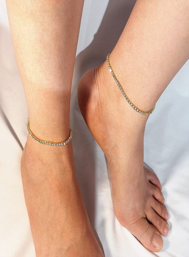 Suyi Crystal Ankle Bracelet for Women Diamond Tennis Stretch Anklets Elastic Foot Chain (3Pcs Gold) - Image 4