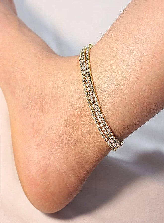 Suyi Crystal Ankle Bracelet for Women Diamond Tennis Stretch Anklets Elastic Foot Chain (3Pcs Gold) - Image 3