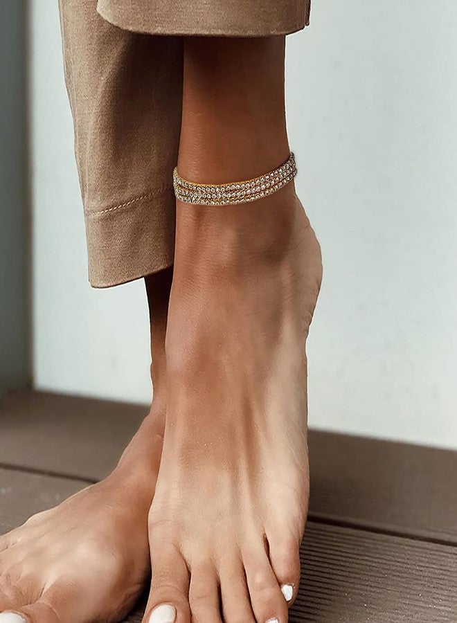 Suyi Crystal Ankle Bracelet for Women Diamond Tennis Stretch Anklets Elastic Foot Chain (3Pcs Gold) - Image 2