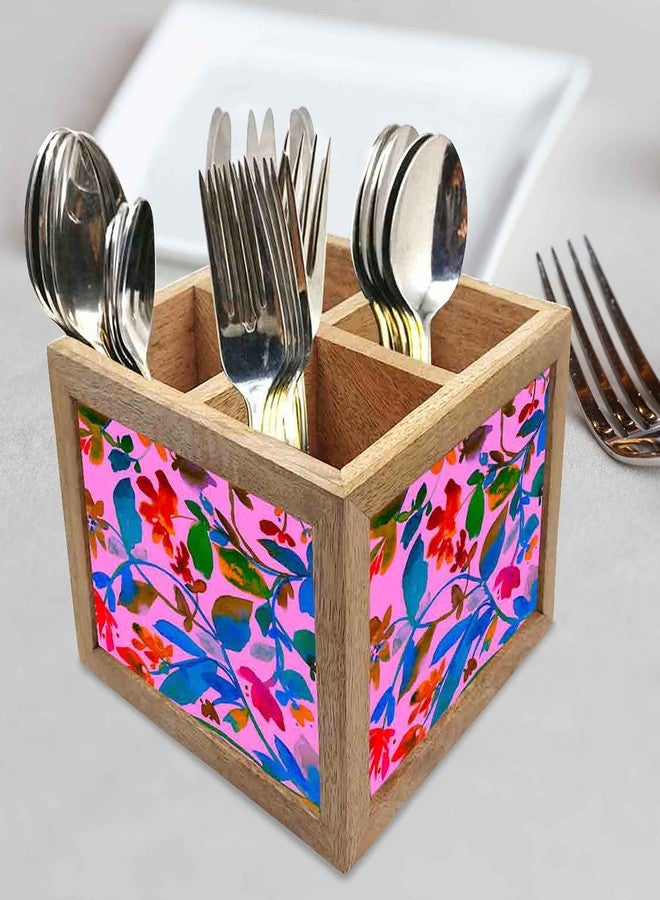 Nutcase Wooden Cutlery Stand Holder Silverware Caddy Spoons Forks Knives Organizer for Dining Table & Kitchen -Made in India-Spoons NOT Included - Floral Watercolour - Image 2