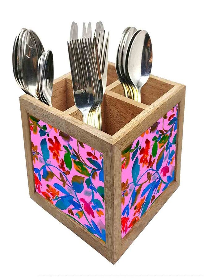 Nutcase Wooden Cutlery Stand Holder Silverware Caddy Spoons Forks Knives Organizer for Dining Table & Kitchen -Made in India-Spoons NOT Included - Floral Watercolour - Image 1