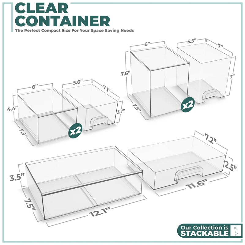 Sorbus Acrylic Storage Containers - 5 Pack, Stackable Storage Bins Set for Bathroom Organization - Clear Acrylic Drawer Organizers - Makeup Case Pull-Out Drawers (7.6â€™â€™ and 4.4â€™â€™ Tall and 12.1â€™â€™ Wide) - Image 2