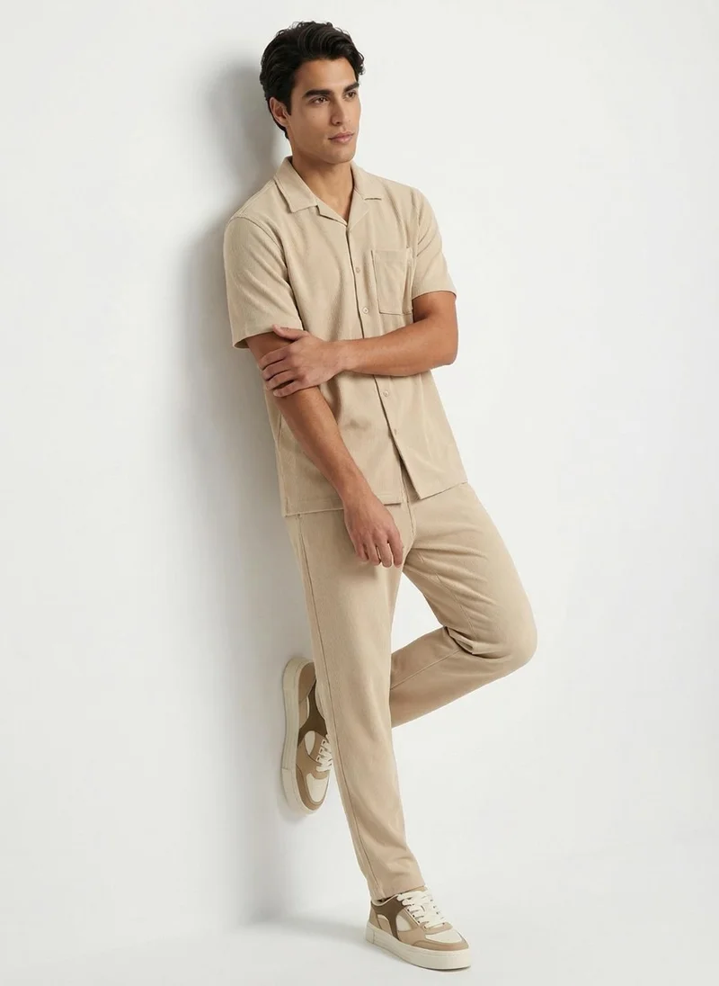 نوبيرو Nobero Luxe Ridge Co-ord Set for Men | Co ords in 240 GSM Cotton Poly Vertical Ottoman Rib | Regular Fit Shirt & Jogger | Elasticated Waist | Welt Zip Pocket | S–XXXL