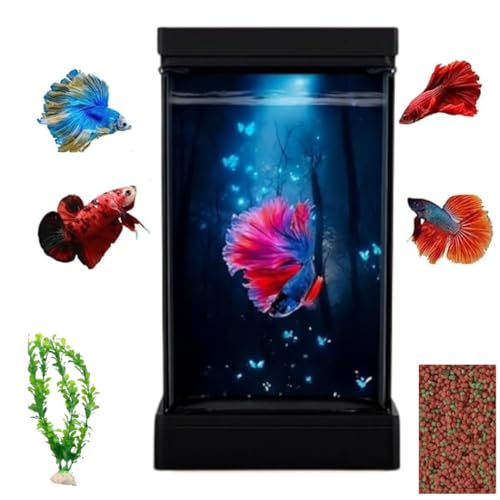 KSH STORE ® Betta Fish Tank Transparent Small Desktop Aquarium for Home and Living Room, with USB 7 Colour LED Light Easy to Clean and Maintain | Mini Portable Fish Tank .Food,Plant.Black - Image 1