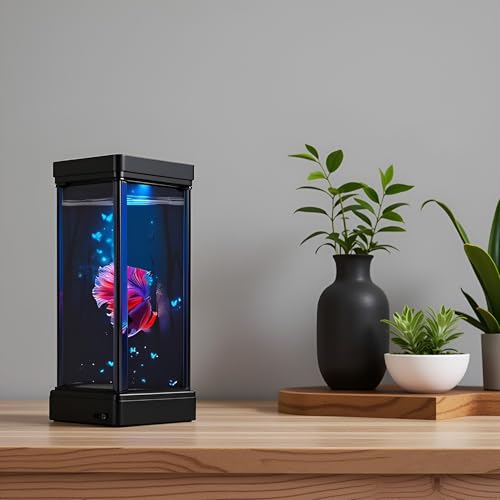 KSH STORE ® Betta Fish Tank Transparent Small Desktop Aquarium for Home and Living Room, with USB 7 Colour LED Light Easy to Clean and Maintain | Mini Portable Fish Tank .Food,Plant.Black - Image 5