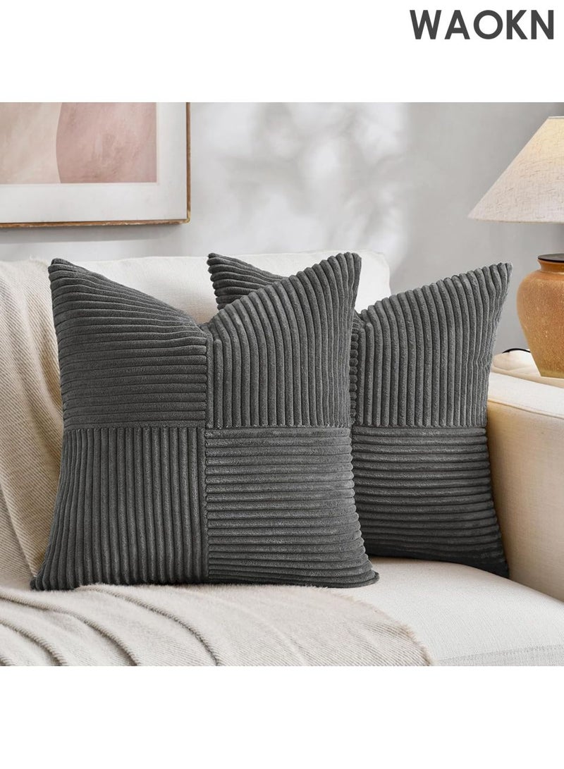 دبليو أيه أو كي أن عبوتان من أغطية الوسائد المزخرفة باللون الرمادي الداكن مقاس 18 × 18 بوصة لغرفة المعيشة والأريكة والديكور المنزلي الريفي على طراز بوهو، غطاء وسادة مربع ناعم من قماش مخملي متقاطع ومزخرف بنقشة مربعة مقاس 45 × 45 سم - Image 3