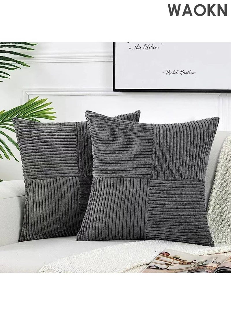 دبليو أيه أو كي أن عبوتان من أغطية الوسائد المزخرفة باللون الرمادي الداكن مقاس 18 × 18 بوصة لغرفة المعيشة والأريكة والديكور المنزلي الريفي على طراز بوهو، غطاء وسادة مربع ناعم من قماش مخملي متقاطع ومزخرف بنقشة مربعة مقاس 45 × 45 سم - Image 2