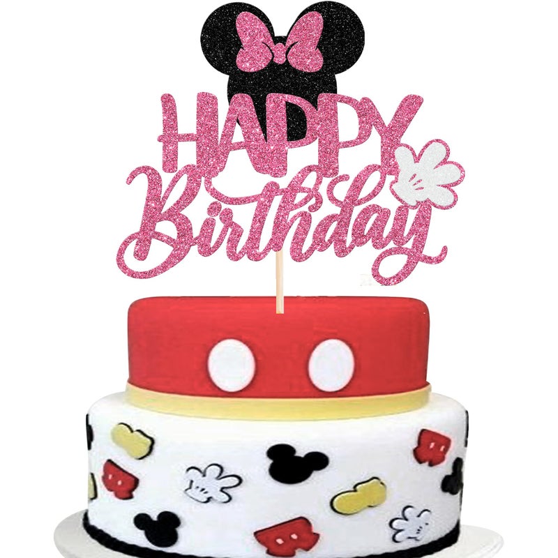 YCTHUNFISH 1 Pack Mouse Happy Birthday Cake Toppers Glitter White Gloves Bow Mouse Inspired Birthday Cake Pick for Baby Shower Kids Birthday Party Cake Decorations Supplies Black Pink - Image 1