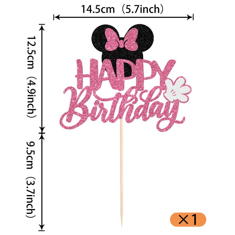 YCTHUNFISH 1 Pack Mouse Happy Birthday Cake Toppers Glitter White Gloves Bow Mouse Inspired Birthday Cake Pick for Baby Shower Kids Birthday Party Cake Decorations Supplies Black Pink - Image 2