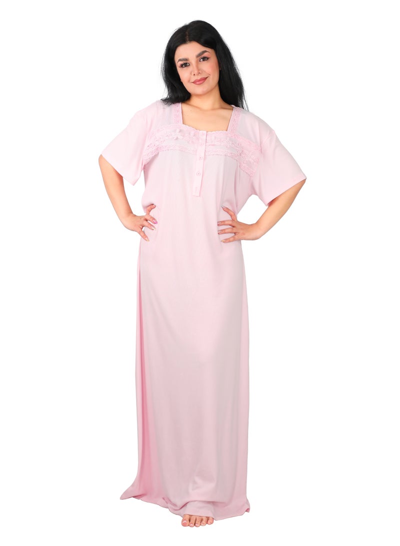 Dadoush Women's long nightgown with short sleeves and a beautiful floral print collar for a stylish home summer look. - Image 1