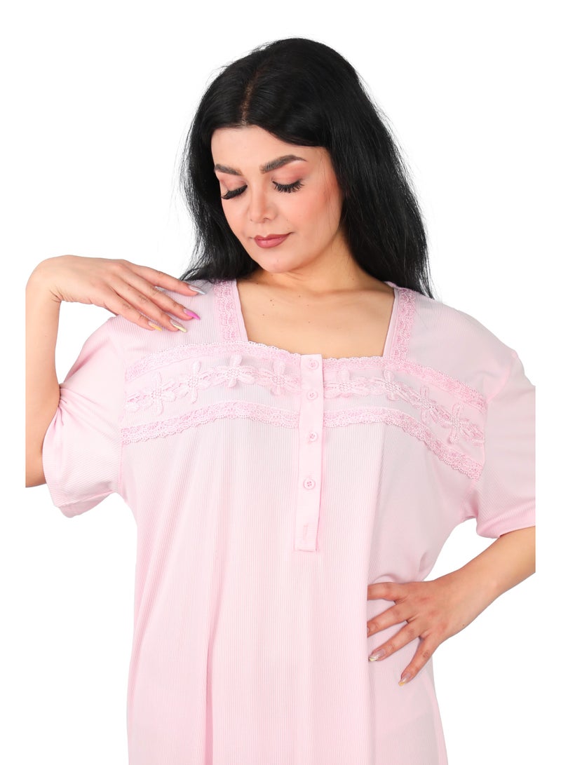 Dadoush Women's long nightgown with short sleeves and a beautiful floral print collar for a stylish home summer look. - Image 3