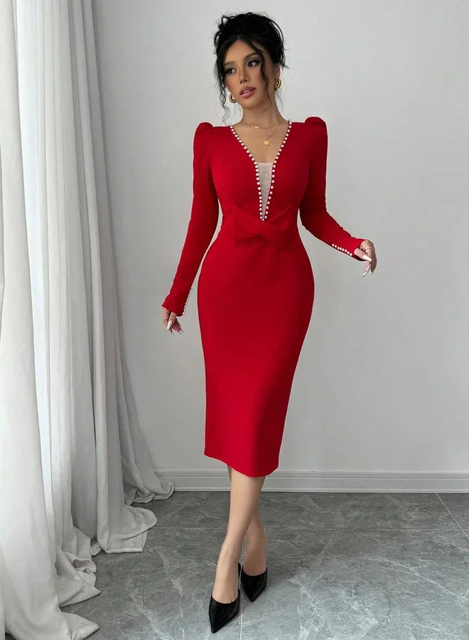 تايك تو فستان ميدي بخصر ضيق مزين باللؤلؤ الصناعي