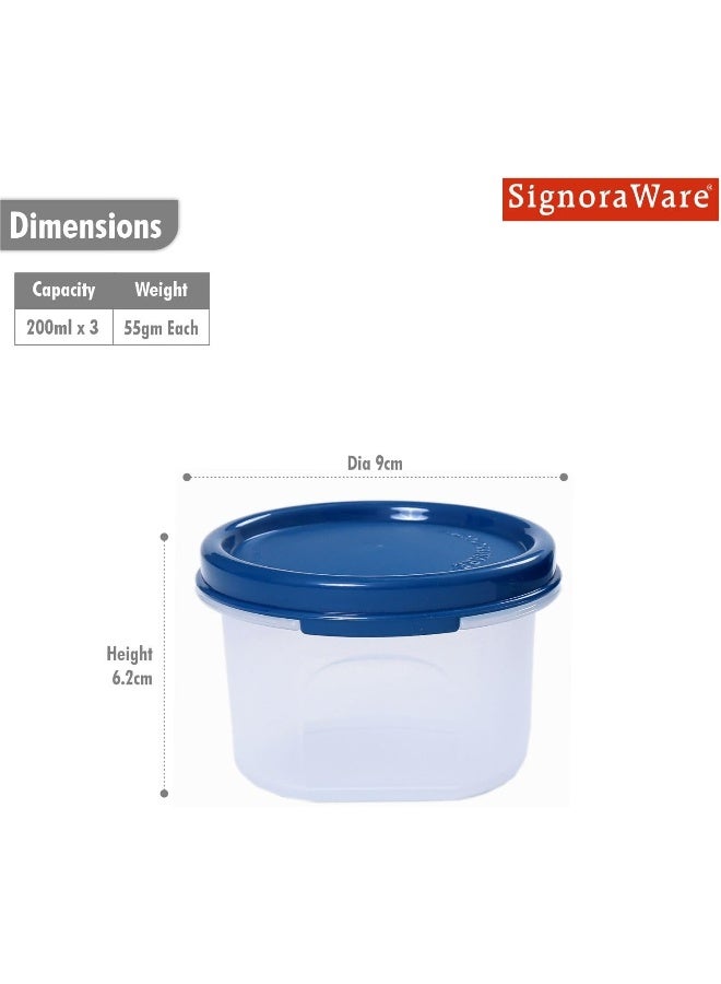 Signoraware Modular Round Plastic Container Set 200ml each, Set of 3 containers for Food storage, Freezer safe, Microwave safe, BPA Free, Strong Tight Seal lids, Blue - Image 2