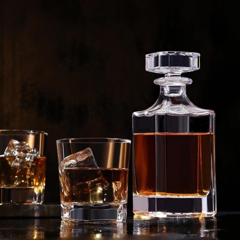 VILON ديكانتر ويسكي فيلون مع سدادة زجاجية، ديكانتر كريستالي للمشروبات الكحولية، النبيذ، السكوتش، البراندي، الفودكا أو البوربون | 750 مل | شفاف (ديكانتر مربع) - Image 5
