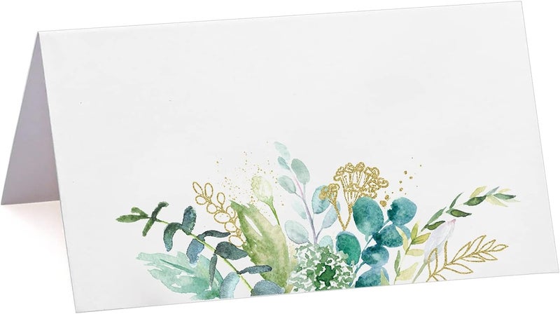 klarako 50 Pieces Greenery Watercolor Place Cards, Wedding Reception Place Cards, Seating Place Cards with Greenery Eucalyptus Olive Leaves for Wedding Baby Shower Anniversary Birthday Bridal Party Tables - Image 1