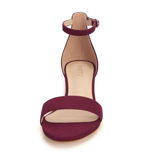 PARTY Women's Open Toe Ankle Strap Low Block Chunky Heels Sandals, Burgundy, 7.5 - Image 5