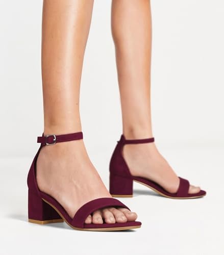 PARTY Women's Open Toe Ankle Strap Low Block Chunky Heels Sandals, Burgundy, 7.5 - Image 4