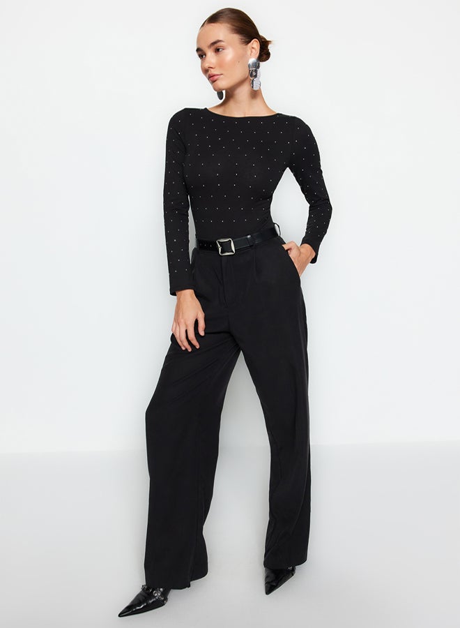 trendyol Black Shiny Stone Printed Cotton Long Sleeve Stretch Snap Knitted Body TWOAW24BD00059 - Image 2