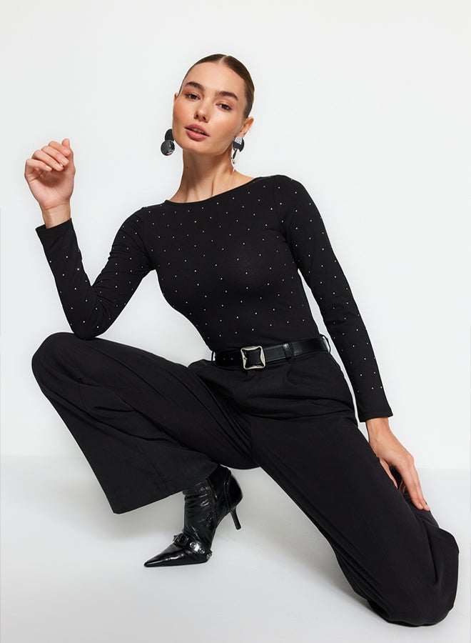 trendyol Black Shiny Stone Printed Cotton Long Sleeve Stretch Snap Knitted Body TWOAW24BD00059 - Image 1