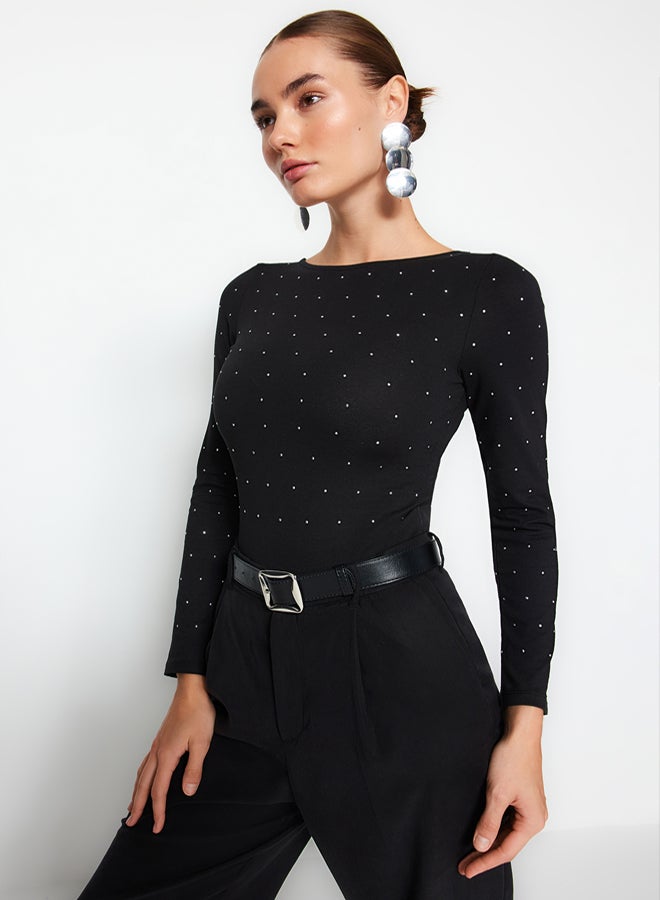 trendyol Black Shiny Stone Printed Cotton Long Sleeve Stretch Snap Knitted Body TWOAW24BD00059 - Image 3