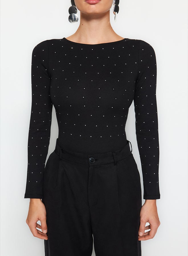 trendyol Black Shiny Stone Printed Cotton Long Sleeve Stretch Snap Knitted Body TWOAW24BD00059 - Image 4