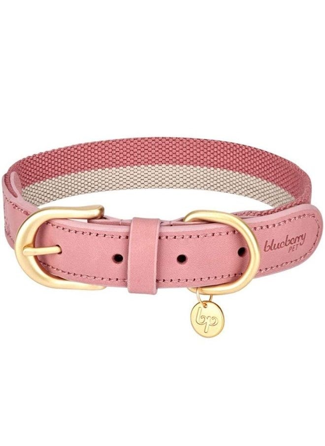 Blueberry Pet Soft & Comfy Genuine Full Grain Leather & Polyester Combo Adjustable Dog Collar - Classic Staple Striped in Pink and Grey, Large, Neck 18"-22" 