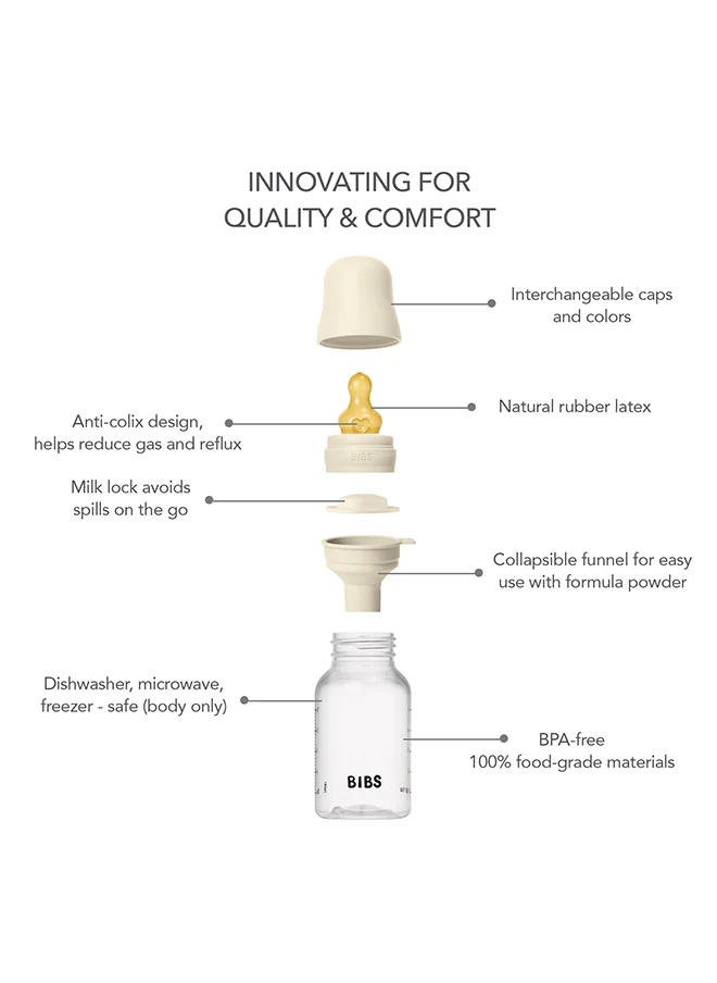BIBS Pack Of 2 Baby Bottle Round Nipple Latex 150 Ml Slow Flow, Ivory, 0 Months +