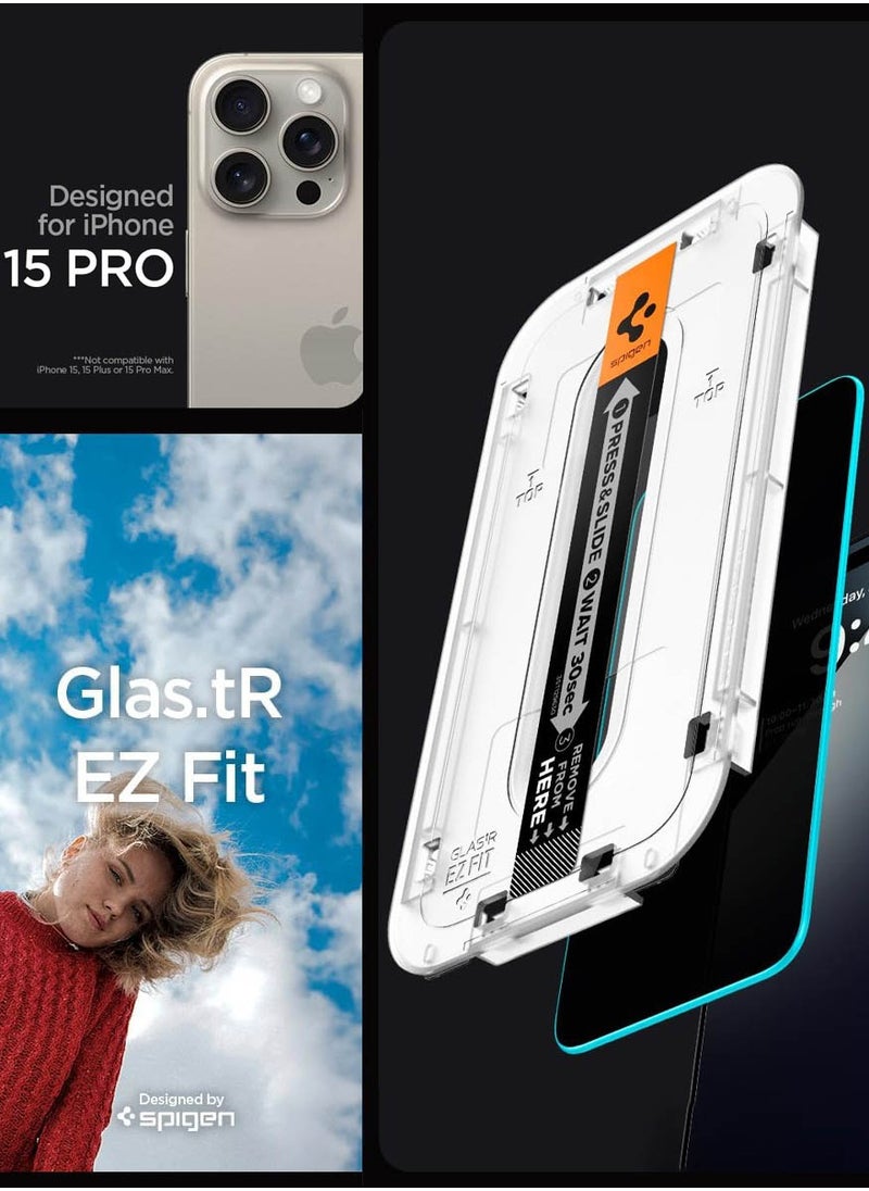 Spigen - واقي شاشة الخصوصية Glastr Ez Fit [Privacy] لهاتف iPhone 15 PRO مصنوع من زجاج مقوى ممتاز مع تقنية Auto Align - عبوة من قطعتين - Image 1