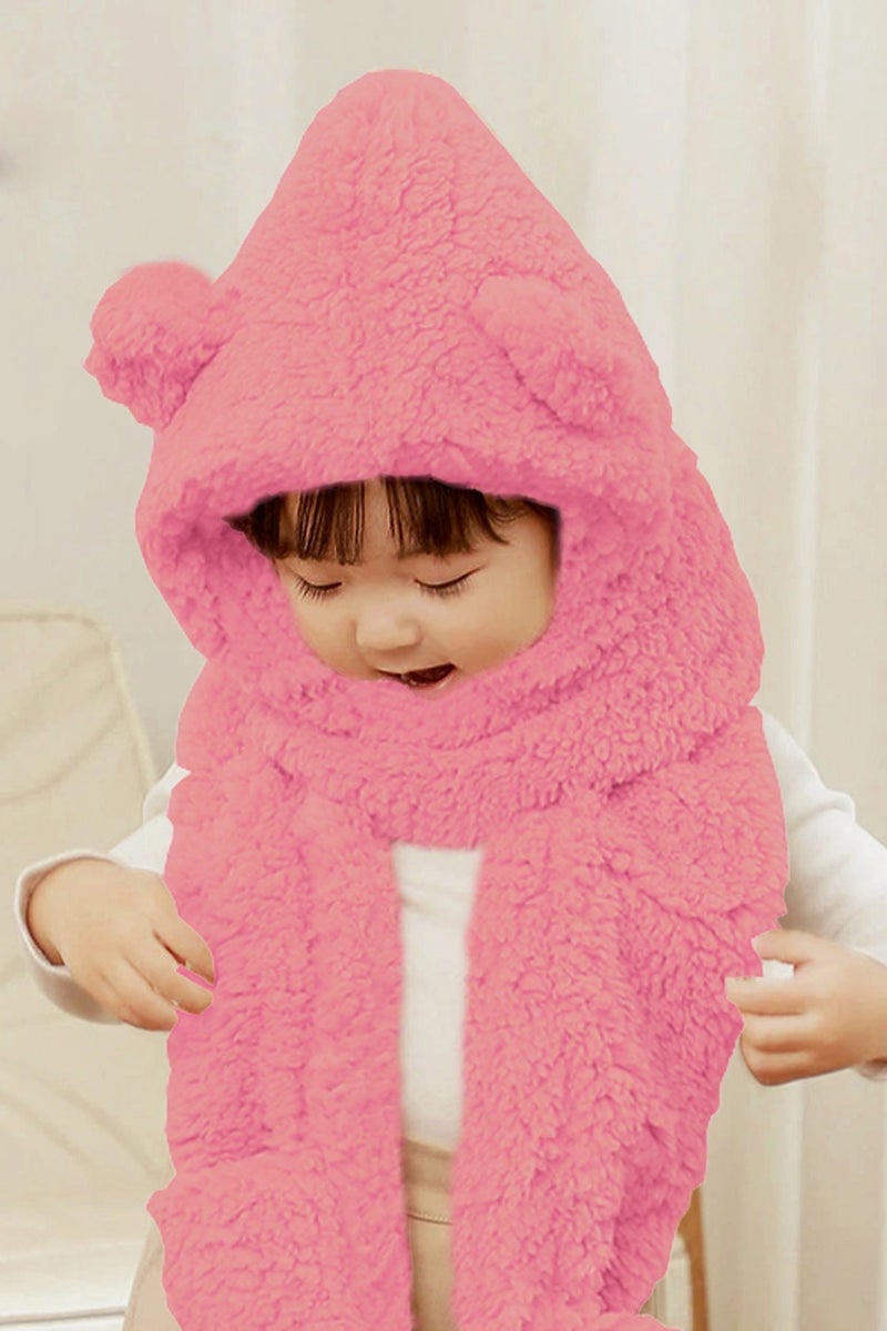 Babykid Pink Children's Hooded Plush Beanie Scarf Gloves Welsoft Neck Collar Windproof Ear Hat