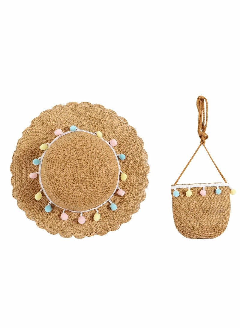 Straw Summer Hat Kids Girls Wide Brim Beach Sun Hat Straw Woven Bag Outfit Set 2 Pcs - Image 1