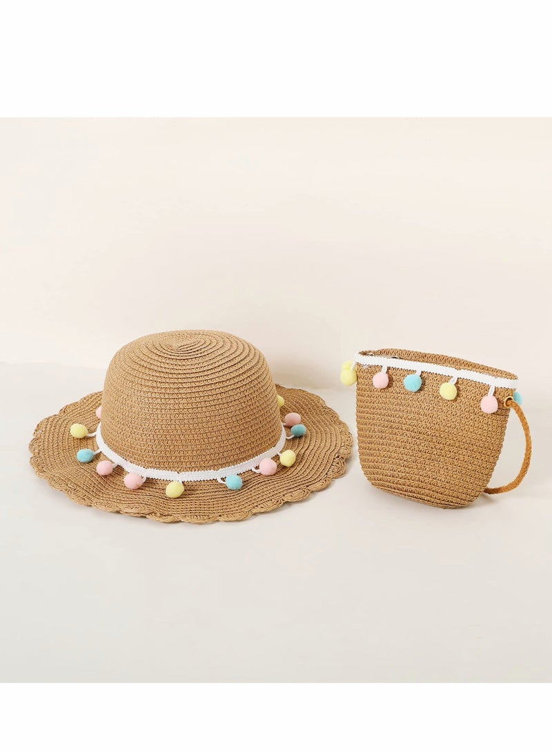 Straw Summer Hat Kids Girls Wide Brim Beach Sun Hat Straw Woven Bag Outfit Set 2 Pcs - Image 3