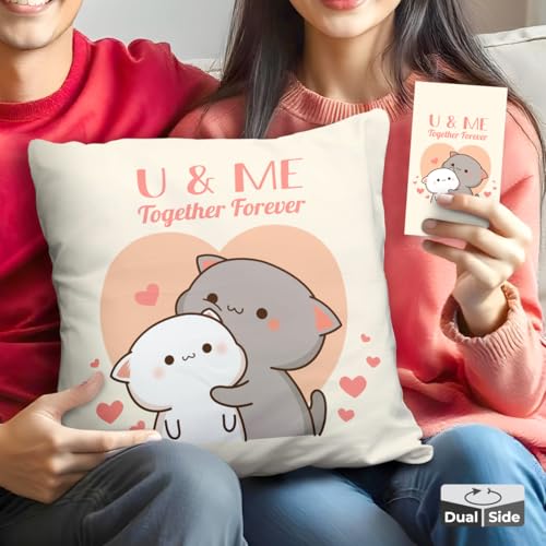 Brizberry Peach and Goma Mochi Cat Pillow Cushion, 16x16 Inch, Polyester Fill, Throw Pillow, Luxury, Square, Indoor, Reversible (Design 45) - Image 1