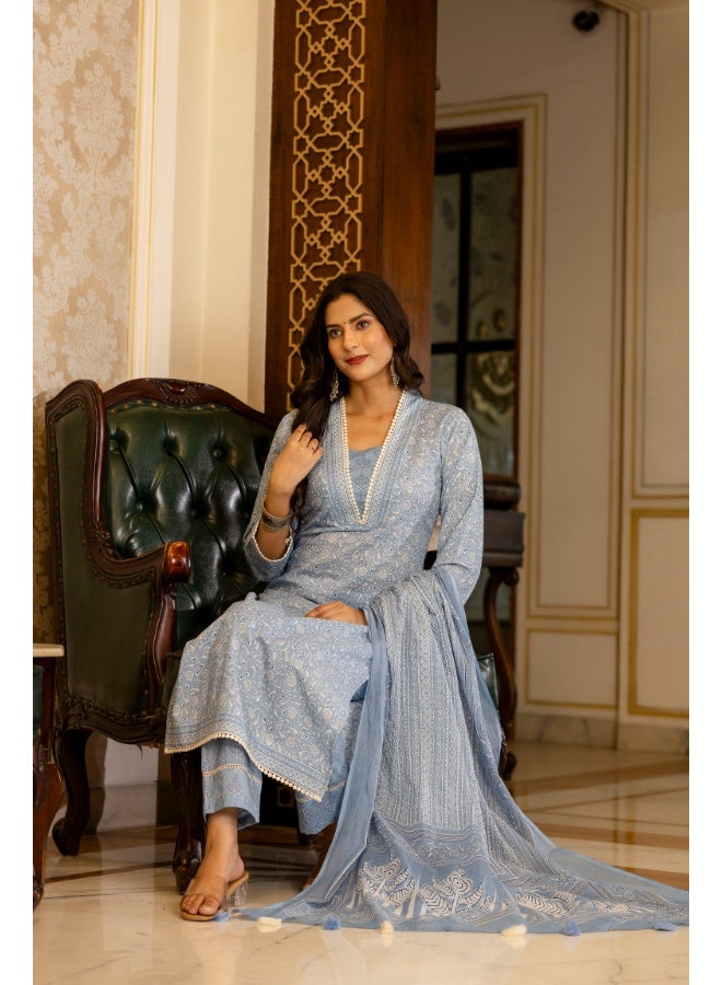 Rangeelo طقم كورتا مزخرف بالأزهار الزرقاء للنساء - Image 3