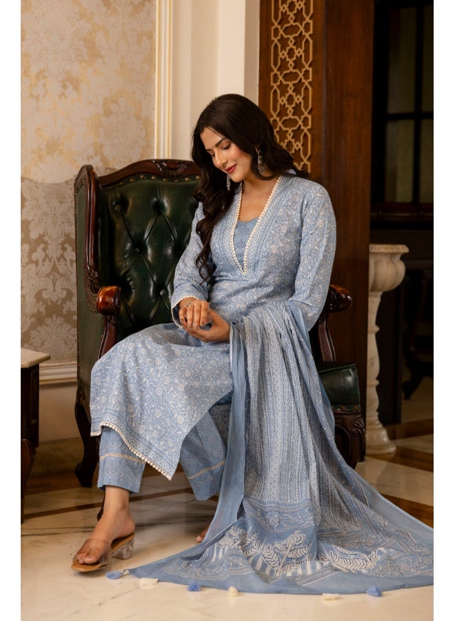 Rangeelo طقم كورتا مزخرف بالأزهار الزرقاء للنساء - Image 4