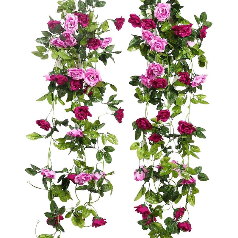 JUSTOYOU 2pcs 78FT Double Color Artificial Fake Rose Garland Vines Hanging Silk Flowers Artificial Flower for Outdoor Indoor Wedding Wall Badroom DecorationMagenta