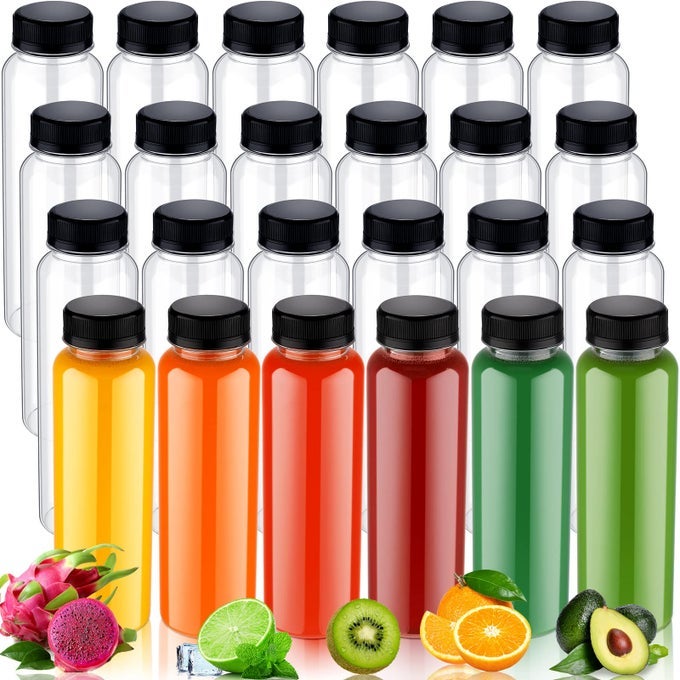 50 PACKS 10 OZ PLASTIC JUICE BOTTLES WITH CAPS BPA FREE JUICING BOTTLES BULK REUSABLE DRINKS CONTAINER WITH LEAK PROOF LIDS CLEAR SENSORY CONTAINER FOR TEA WATER MILK LIQUID SMOOTHIESBLACK