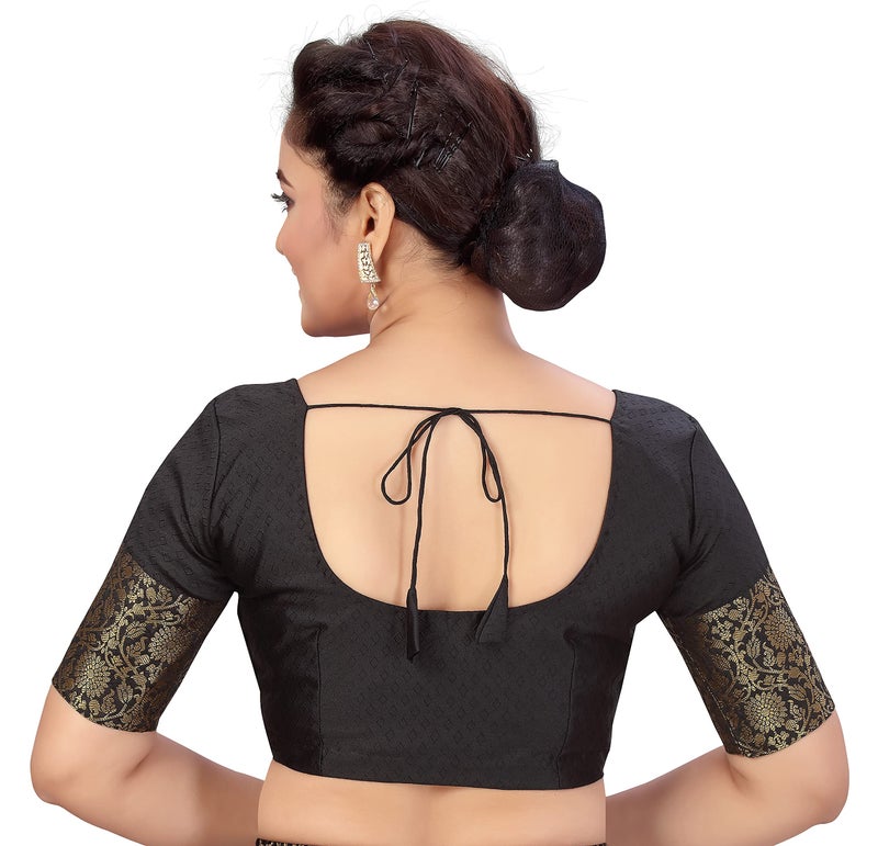 Studio Shringaar Women's Readymade Brocade Saree Blouse with Kanjivaram Border Elbow Length Sleeves(Black, 48) - Image 3