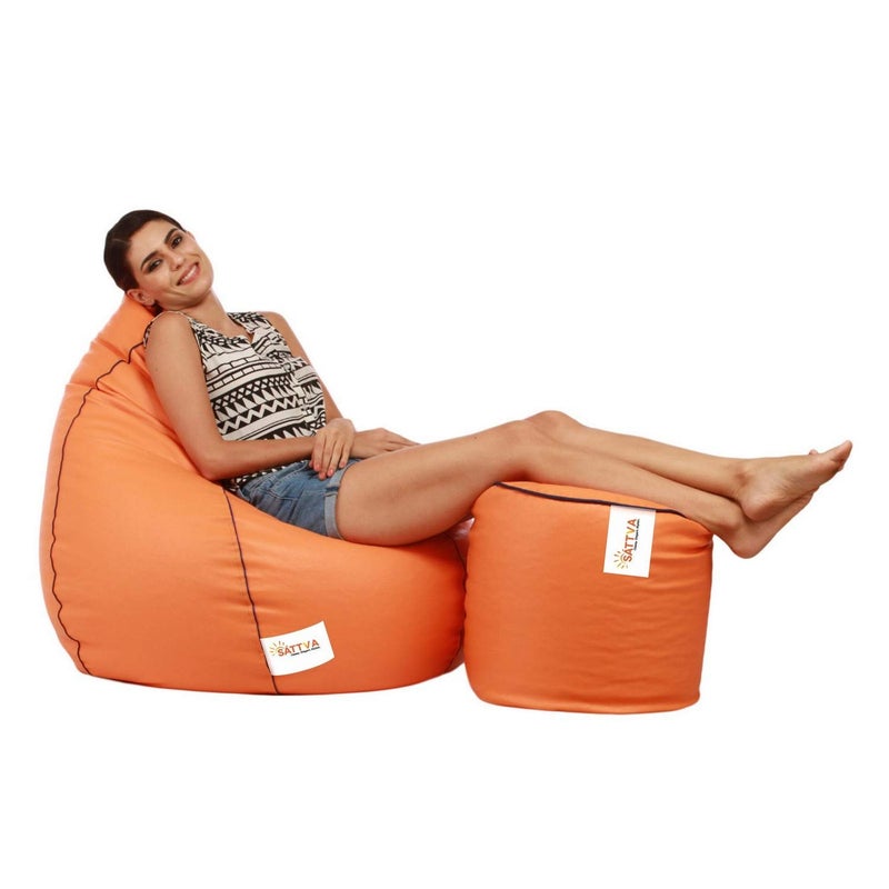 SATTVA Classy.Elegant.Stylish Sattva Combo Classic XXXL Bean Bag Cover and Round Footstool Cover Without Beans Orange with Navy Blue Piping  - Image 2
