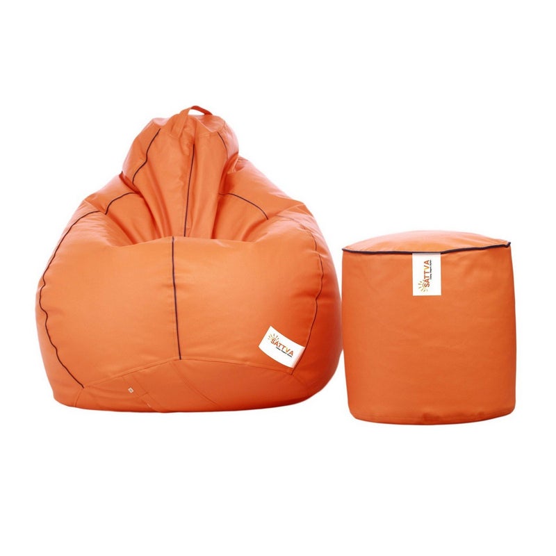 SATTVA Classy.Elegant.Stylish Sattva Combo Classic XXXL Bean Bag Cover and Round Footstool Cover Without Beans Orange with Navy Blue Piping  - Image 1