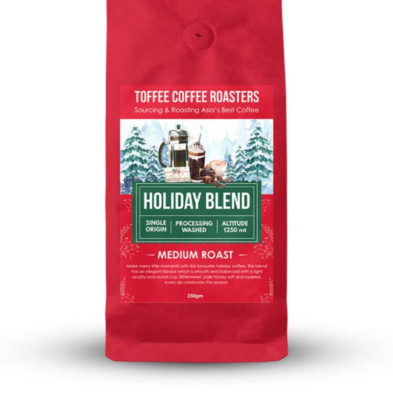 Toffee Coffee Roasters | Holiday Blend Coffee | Speciality Blend| 100% Arabica Medium Roast | Grounded Coffee Notes: Bittersweet, Pale Honey Sift & Layered | Grind: Aeropress| Freshly Roasted | 250 gm - Image 1